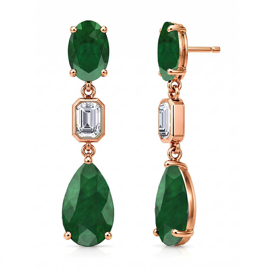 12CT Natural Oval & Pear Shape Green Emerald with Emerald Cut Diamond Drop Earrings