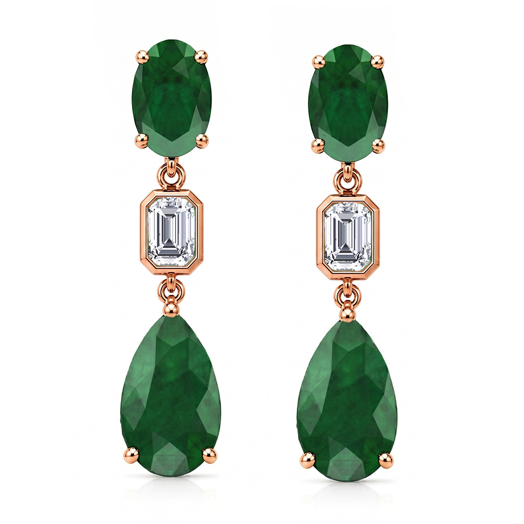 12CT Natural Oval & Pear Shape Green Emerald with Emerald Cut Diamond Drop Earrings
