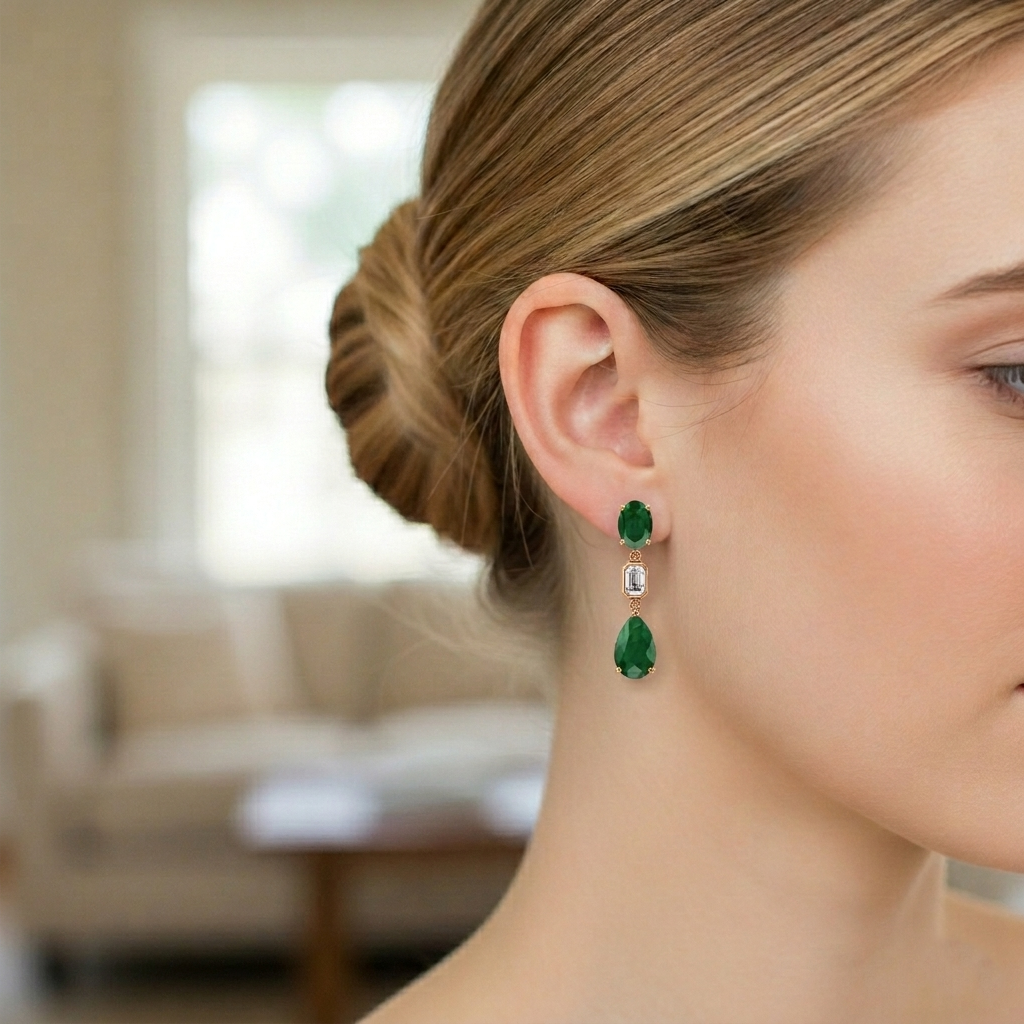 12CT Natural Oval & Pear Shape Green Emerald with Emerald Cut Diamond Drop Earrings