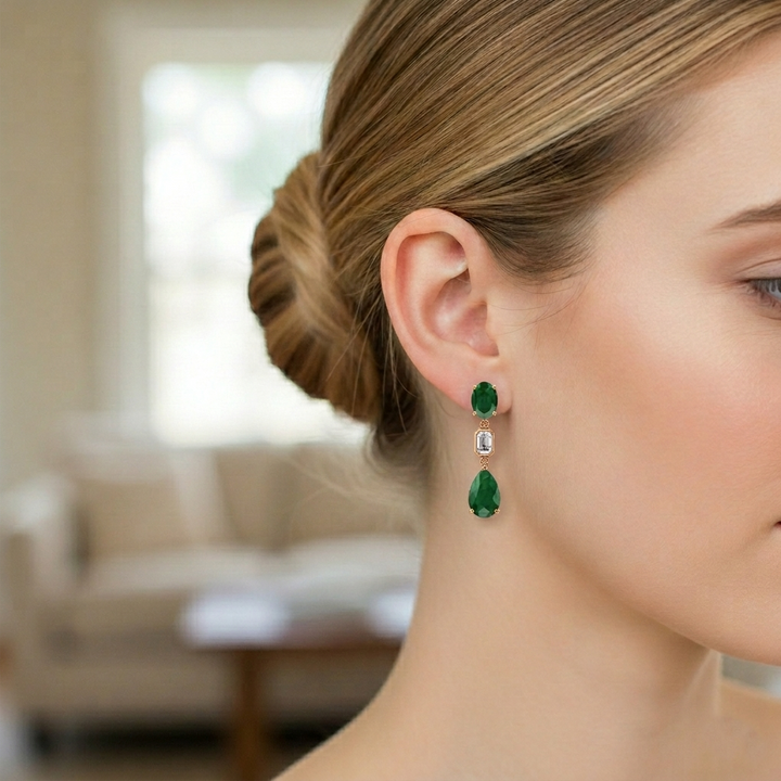 12CT Natural Oval & Pear Shape Green Emerald with Emerald Cut Diamond Drop Earrings