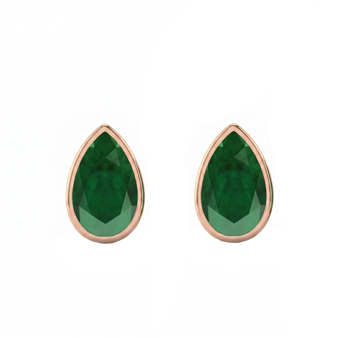 Bezel Set Natural Green Emerald Pear Shape Diamond Studs RG 2