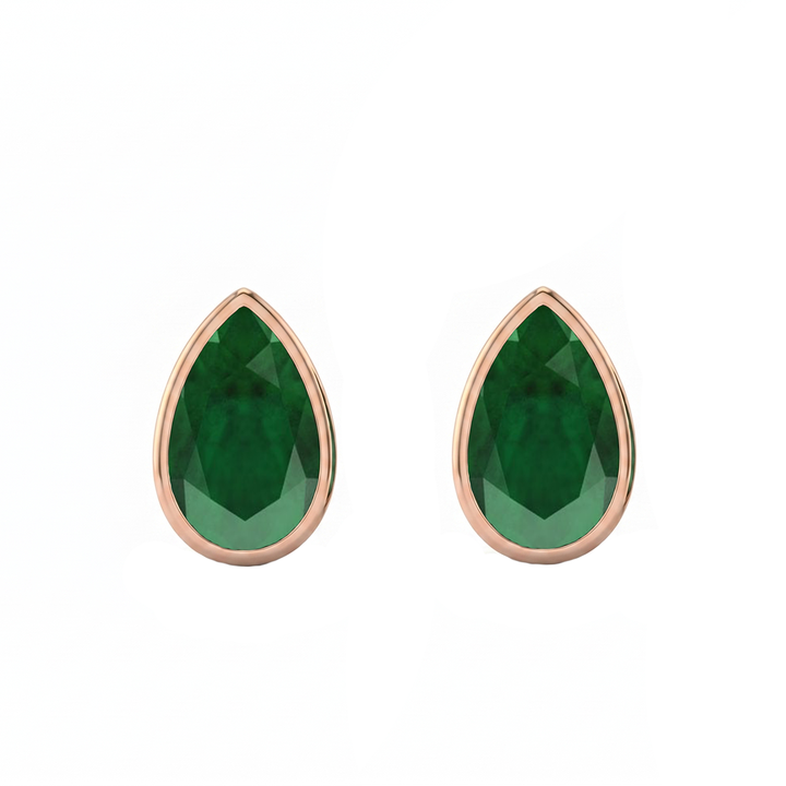Bezel Set Natural Green Emerald Pear Shape Diamond Studs RG 2