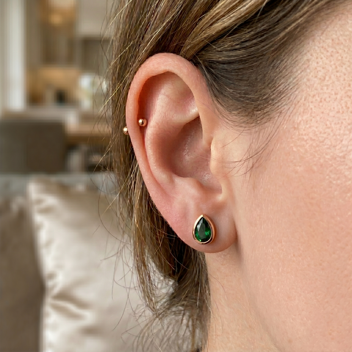 Bezel Set Natural Green Emerald Pear Shape Diamond Studs lifestyle RG