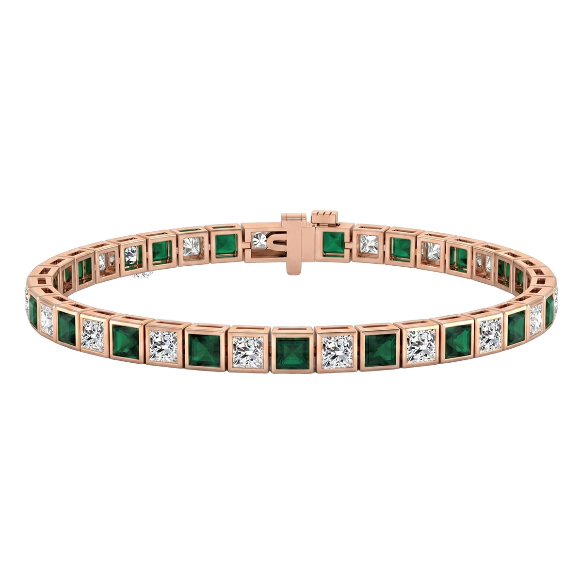 Bezel Set Princess Cut Natural Green Emerald & Natural Diamond Bracelet RG