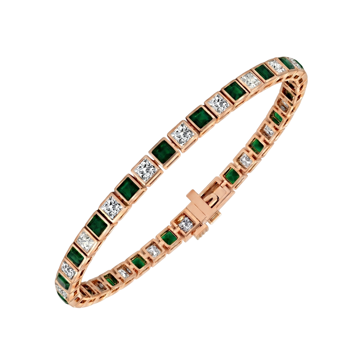 Bezel Set Princess Cut Natural Green Emerald & Natural Diamond Bracelet RG2