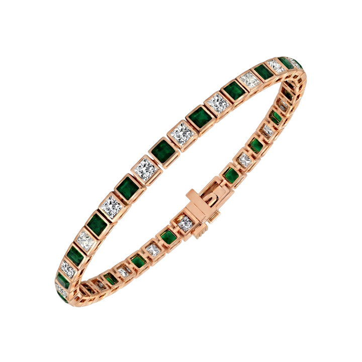 Bezel Set Princess Cut Natural Green Emerald & Natural Diamond Bracelet RG2
