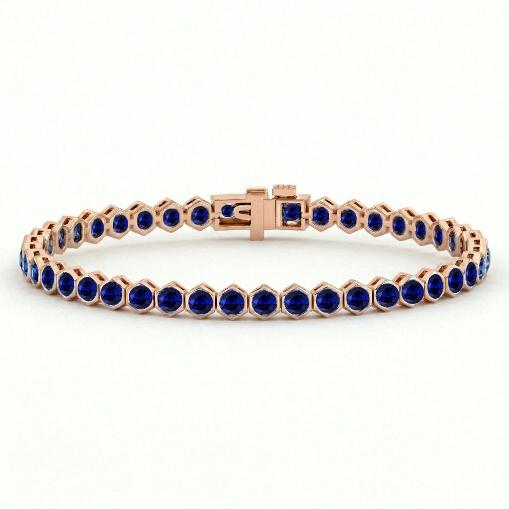 Bezel Set Natural Blue Sapphire Honeycomb Tennis Bracelet 14K RG
