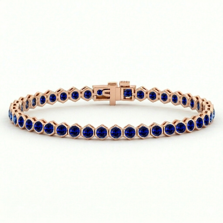 Bezel Set Natural Blue Sapphire Honeycomb Tennis Bracelet 14K RG