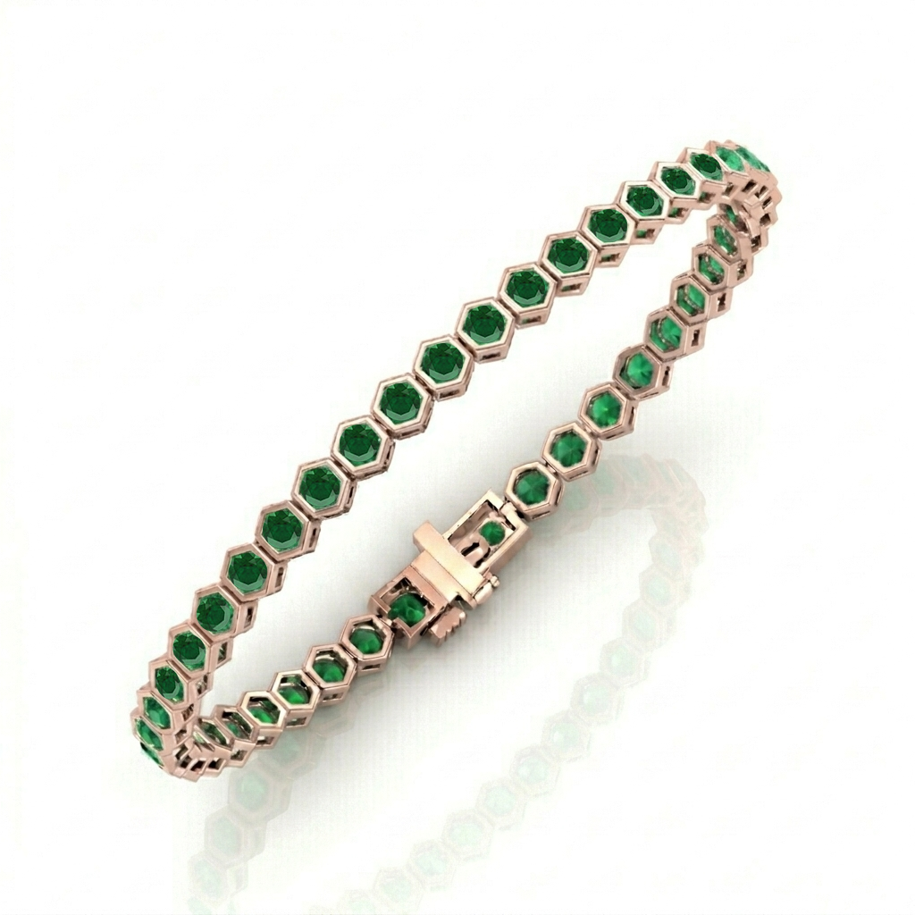 Bezel Set Natural Green Emerald Honeycomb Tennis Bracelet RG2