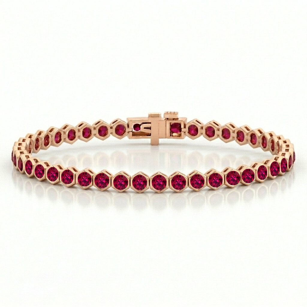 Bezel Set Natural Red Ruby Honeycomb Tennis Bracelet RG