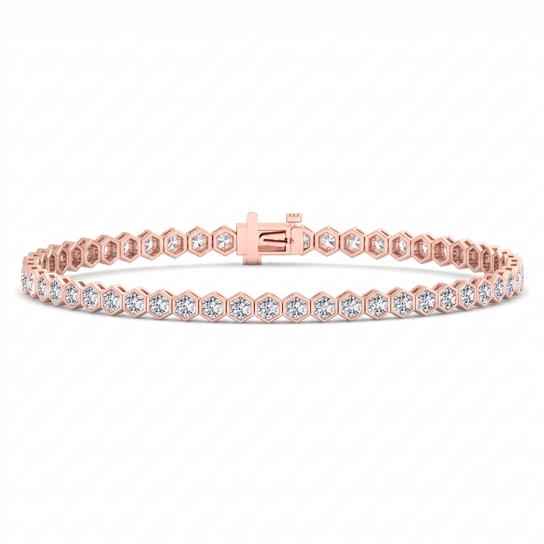 Bezel Set Natural Diamond Honeycomb Tennis Bracelet 18K Solid Gold