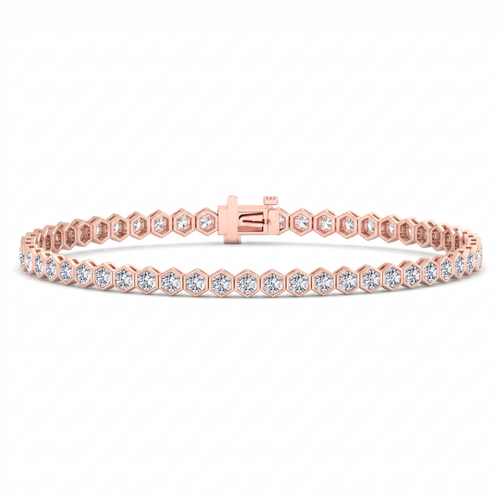 Bezel Set Natural Diamond Honeycomb Tennis Bracelet 18K Solid Gold