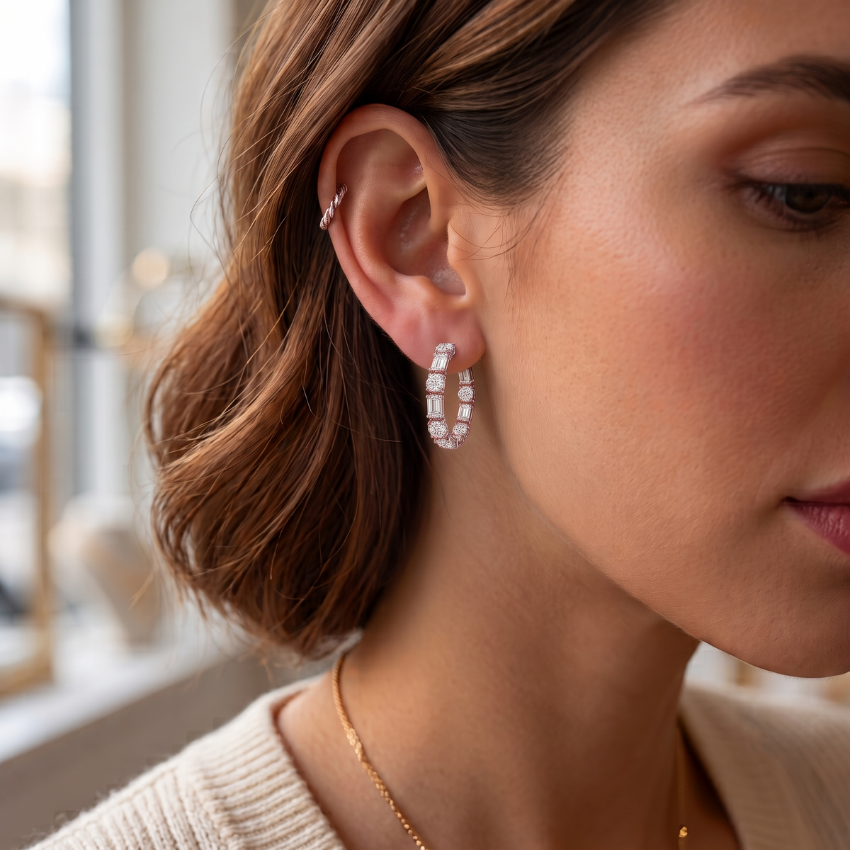 Alternating Emerald Cut and Round Natural Diamond Hoop Earrings RG lifestyle