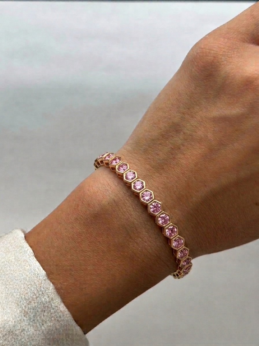Bezel Set Natural Pink Sapphire Honeycomb Tennis Bracelet lifestyle RG