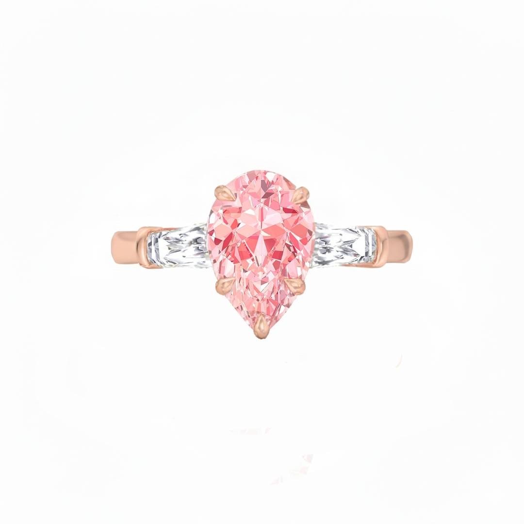 YG Pear Shape Pink Diamond Engagement Ring with Tapered Baguettes front view