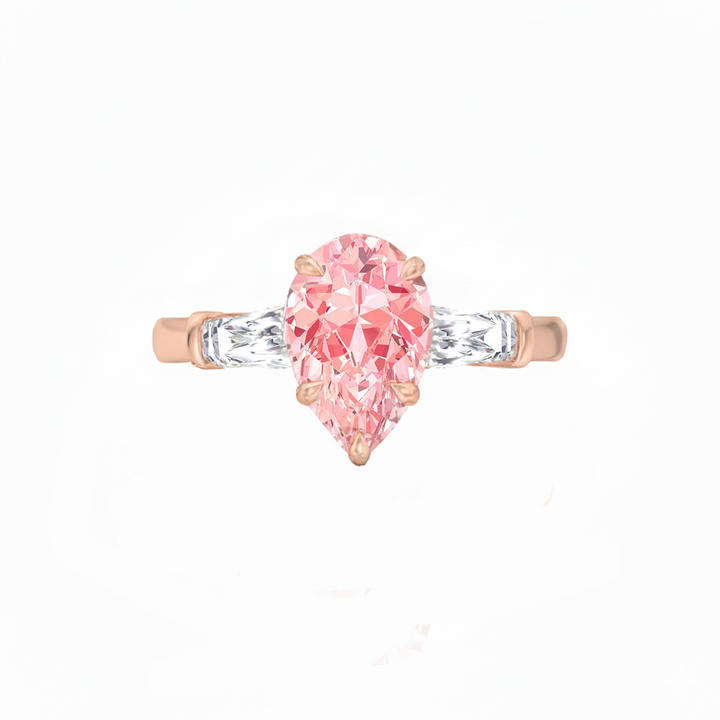 YG Pear Shape Pink Diamond Engagement Ring with Tapered Baguettes front view