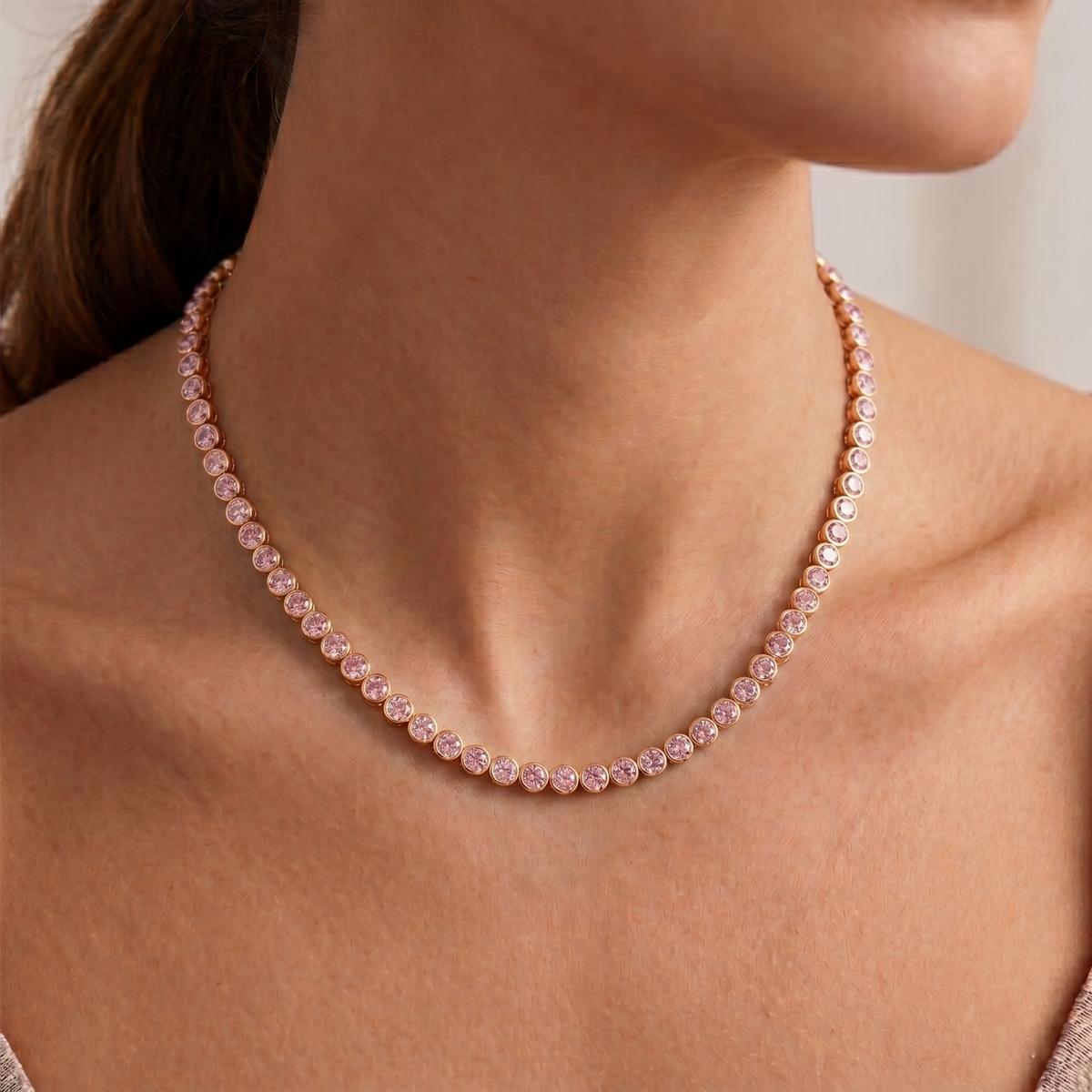 Bezel Set Natural Pink Sapphire Tennis Necklace lifestyle RG