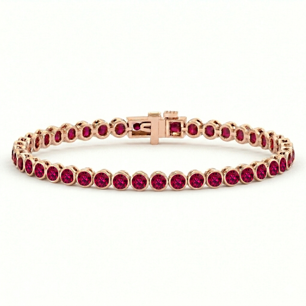 Bezel Set Natural Red Ruby Tennis Bracelet 14K Solid Gold