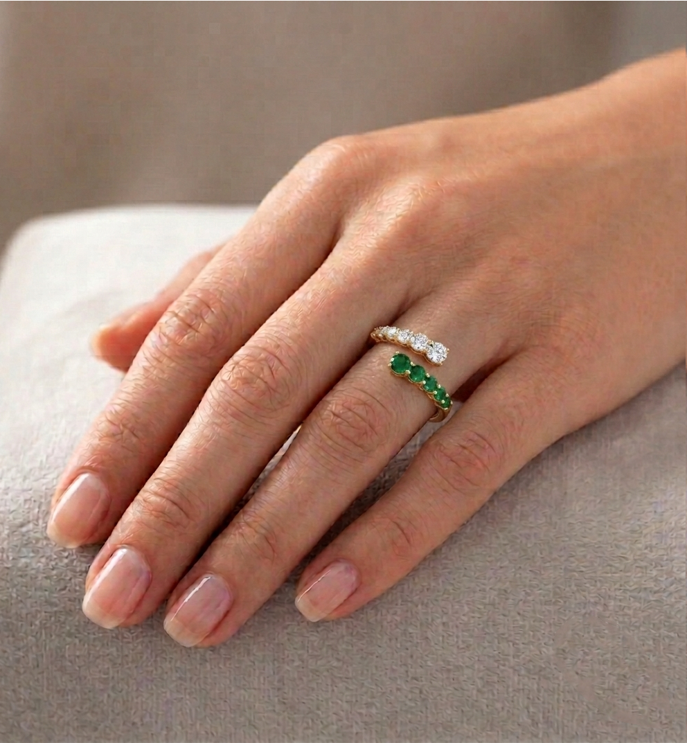 Round Cut Natural Green Emerald and Diamond Wrap Ring Lifestyle RG