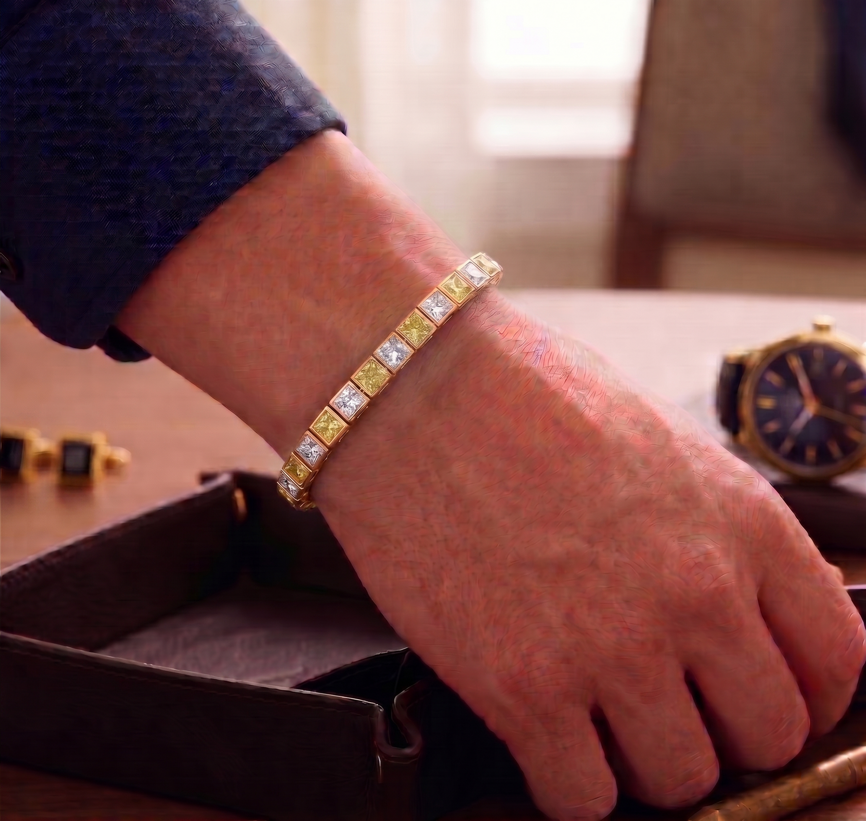 Bezel Set Princess Cut Natural Fancy Yellow & Natural Diamond Bracelet Lifestyle RG