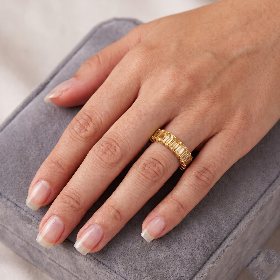 5CT Emerald Shape Natural Fancy Yellow Diamond Eternity Band