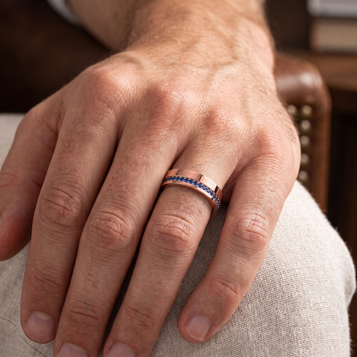 Men's Blue Sapphire Natural Diamond Pave Edge Wedding Band lifestyle RG