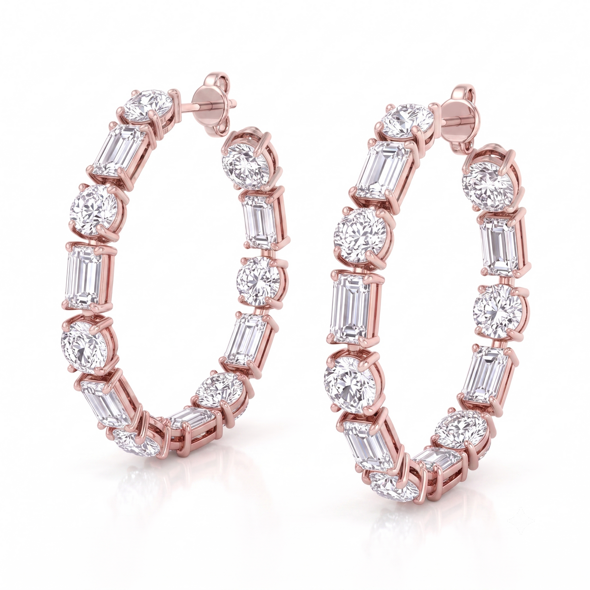 Alternating Emerald Cut and Round Natural Diamond Hoop Earrings RG 