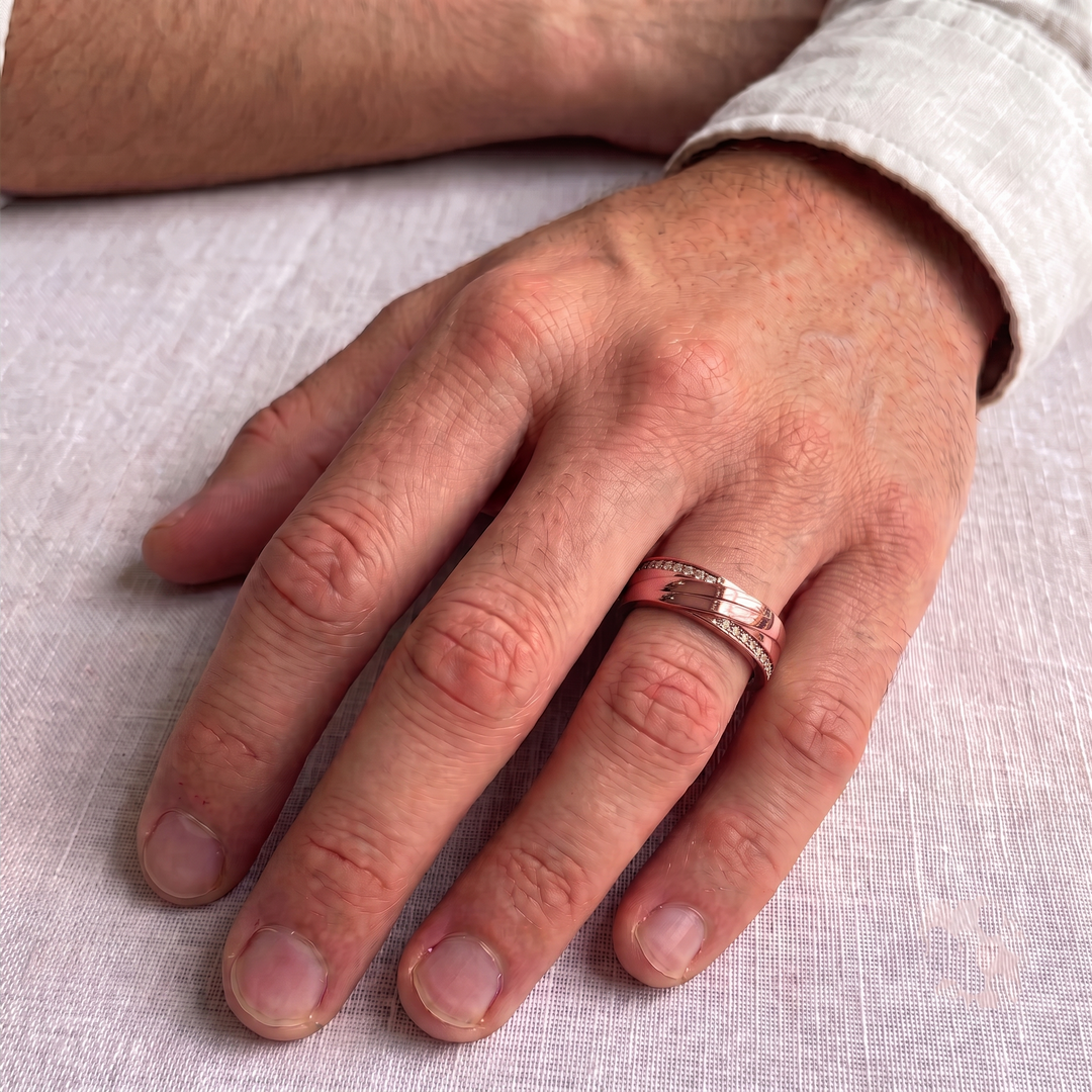 Men’s Diagonal Groove Wedding Ring with Pavé Diamond Edge lifestyle RG
