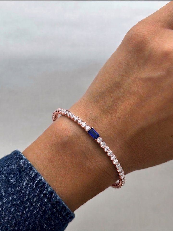 Willow - Baguette Natural Sapphire & Round Natural Diamond Flexible Bangle in 14K Solid Gold