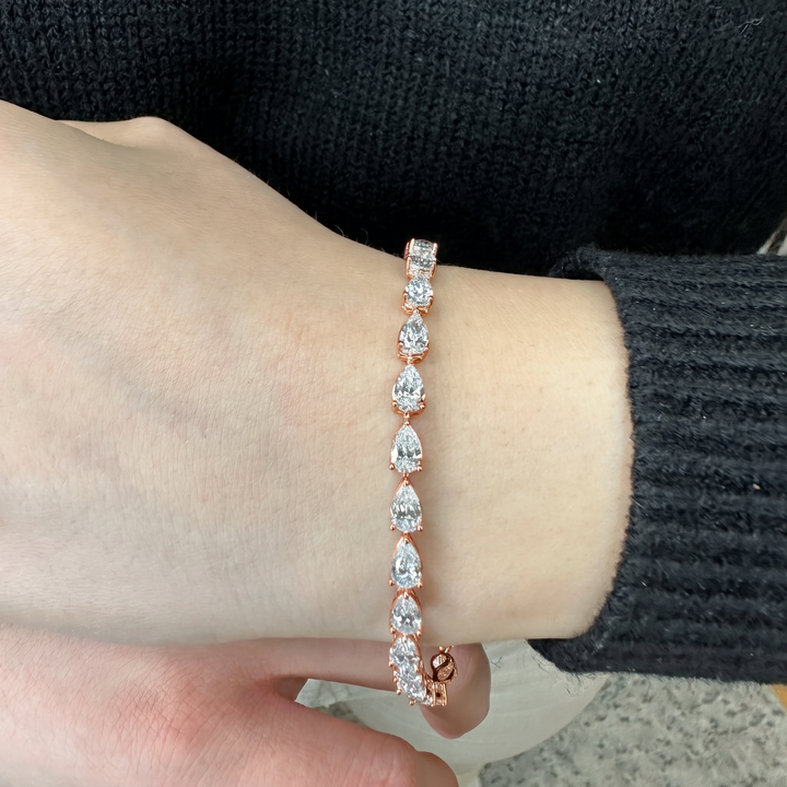 Pear Shape East To West Natural Diamond Tennis Bracelet 14K Solid Gold
