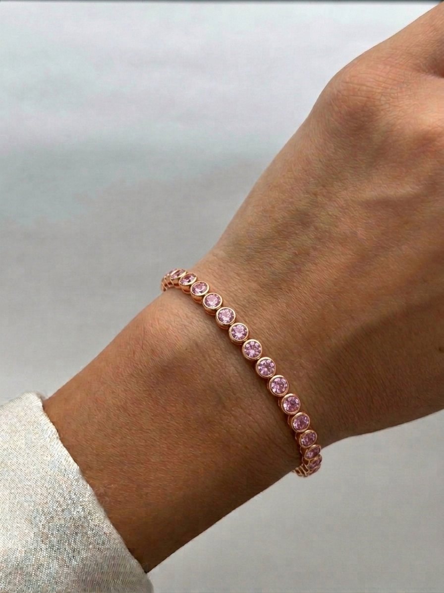 Bezel Set Natural Pink Sapphire Tennis Bracelet Rose Gold 