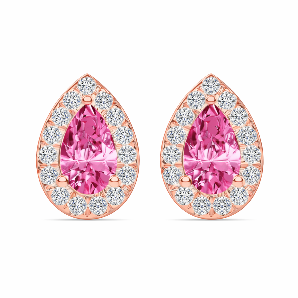 RG Pear Shape Natural Pink Sapphire & Diamond Halo Studs front view