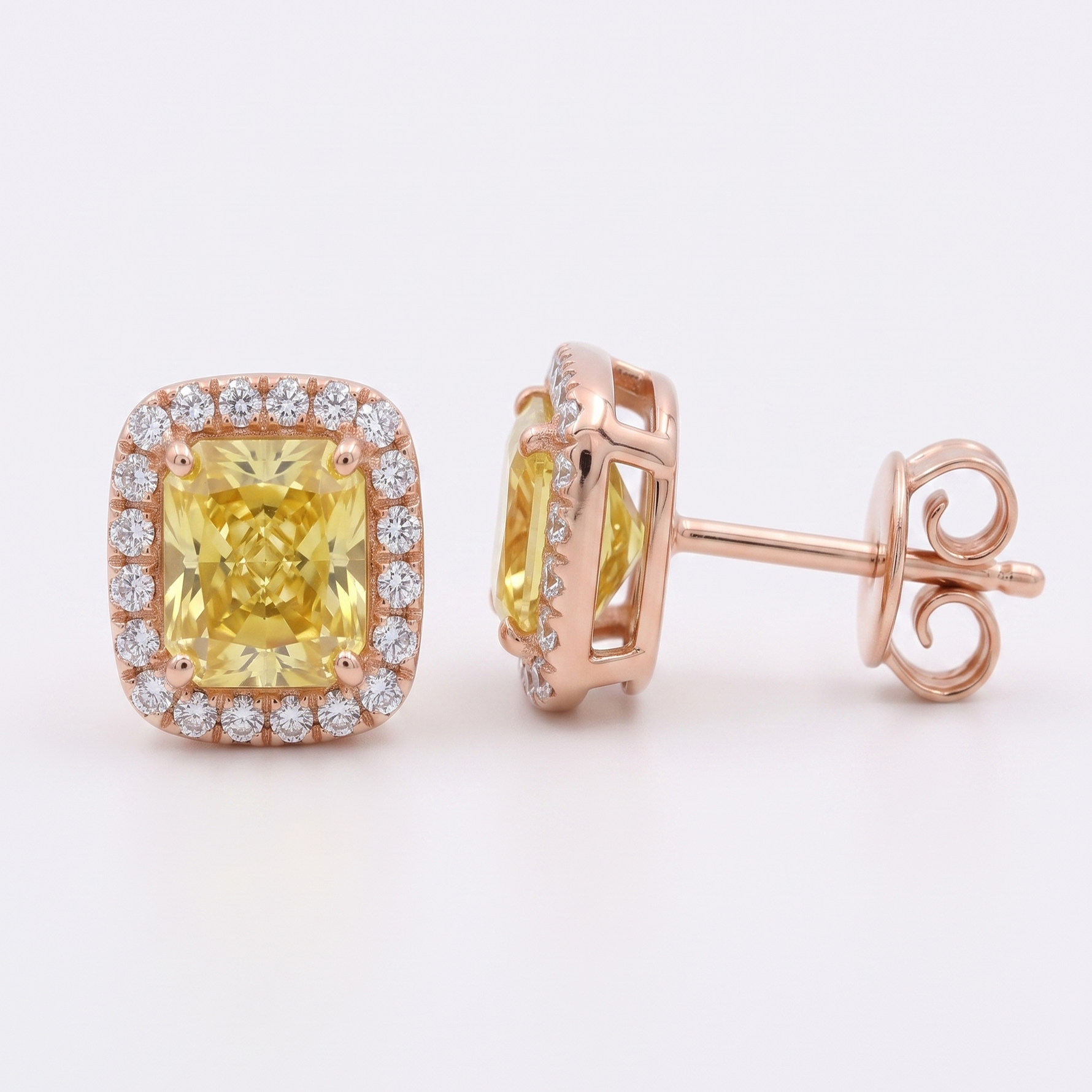 Radiant Cut Natural Fancy Yellow Diamond Halo Studs YG 2