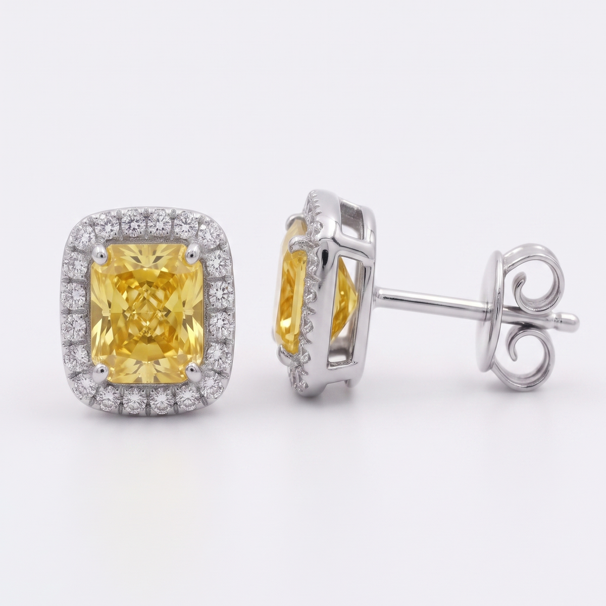 Radiant Cut Natural Fancy Yellow Diamond Halo Studs WG 2