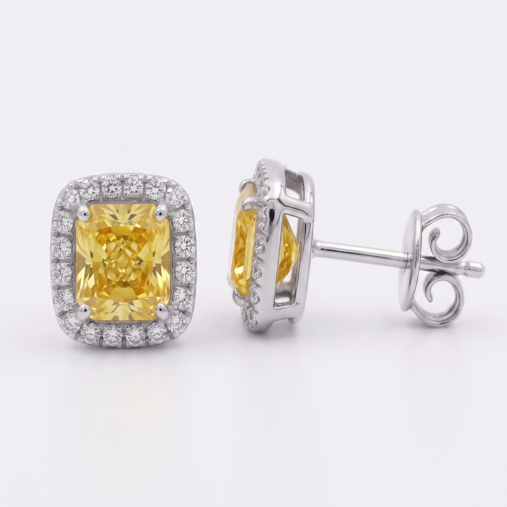 Radiant Cut Natural Fancy Yellow Diamond Halo Studs WG 2
