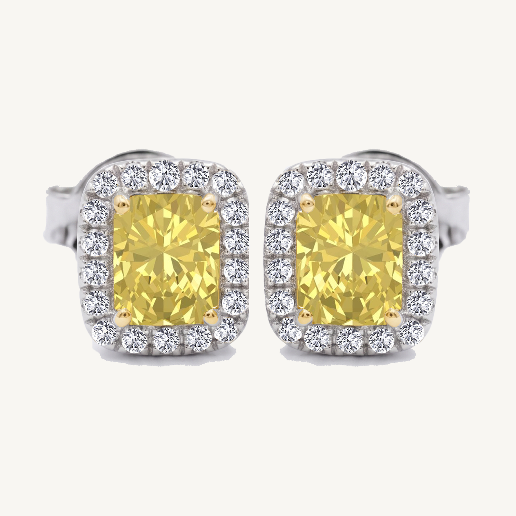 Radiant Cut Natural Fancy Yellow Diamond Halo Studs