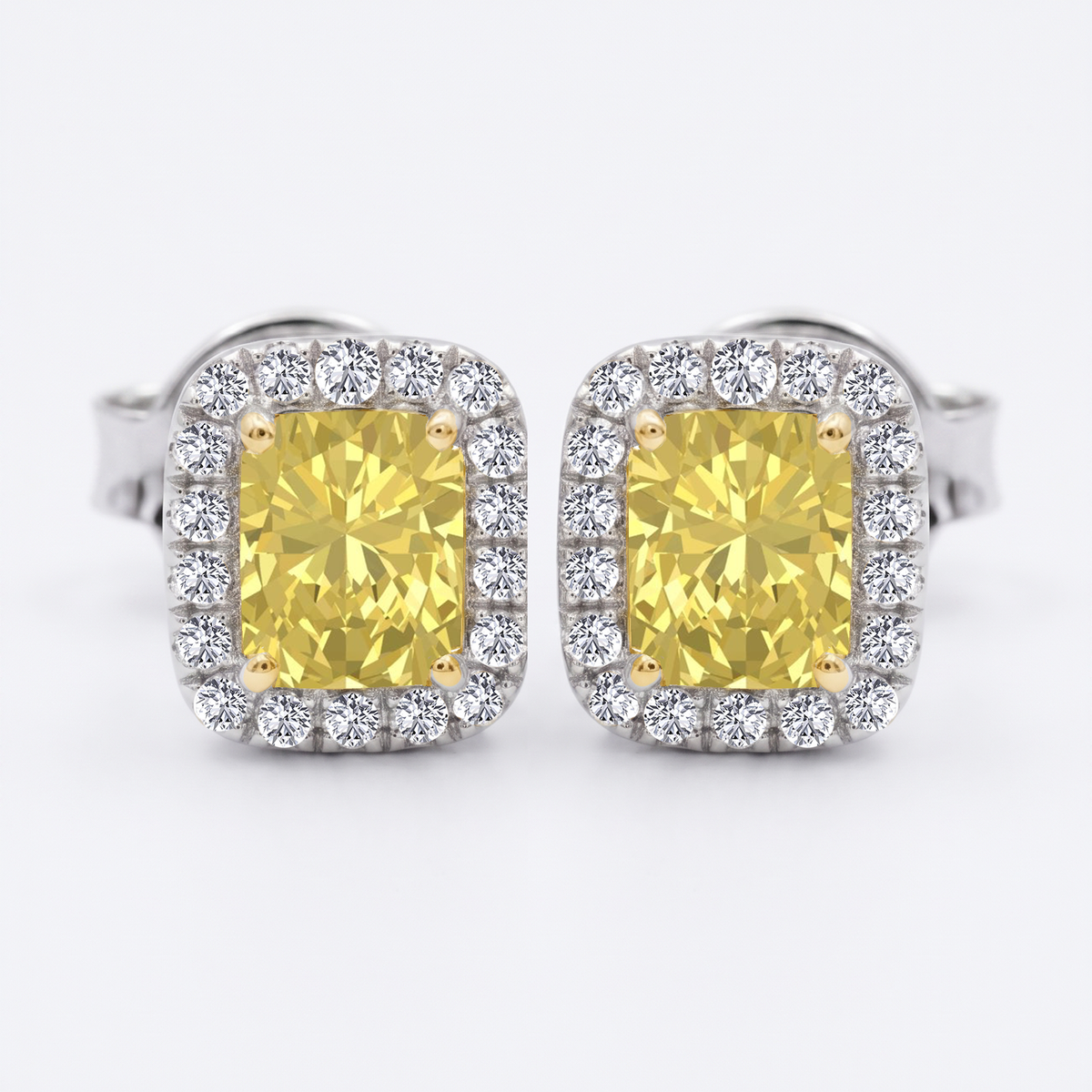 Radiant Cut Natural Fancy Yellow Diamond Halo Studs WG