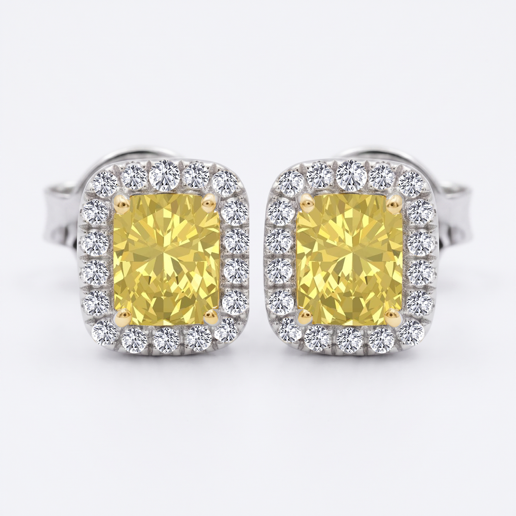 Radiant Cut Natural Fancy Yellow Diamond Halo Studs WG