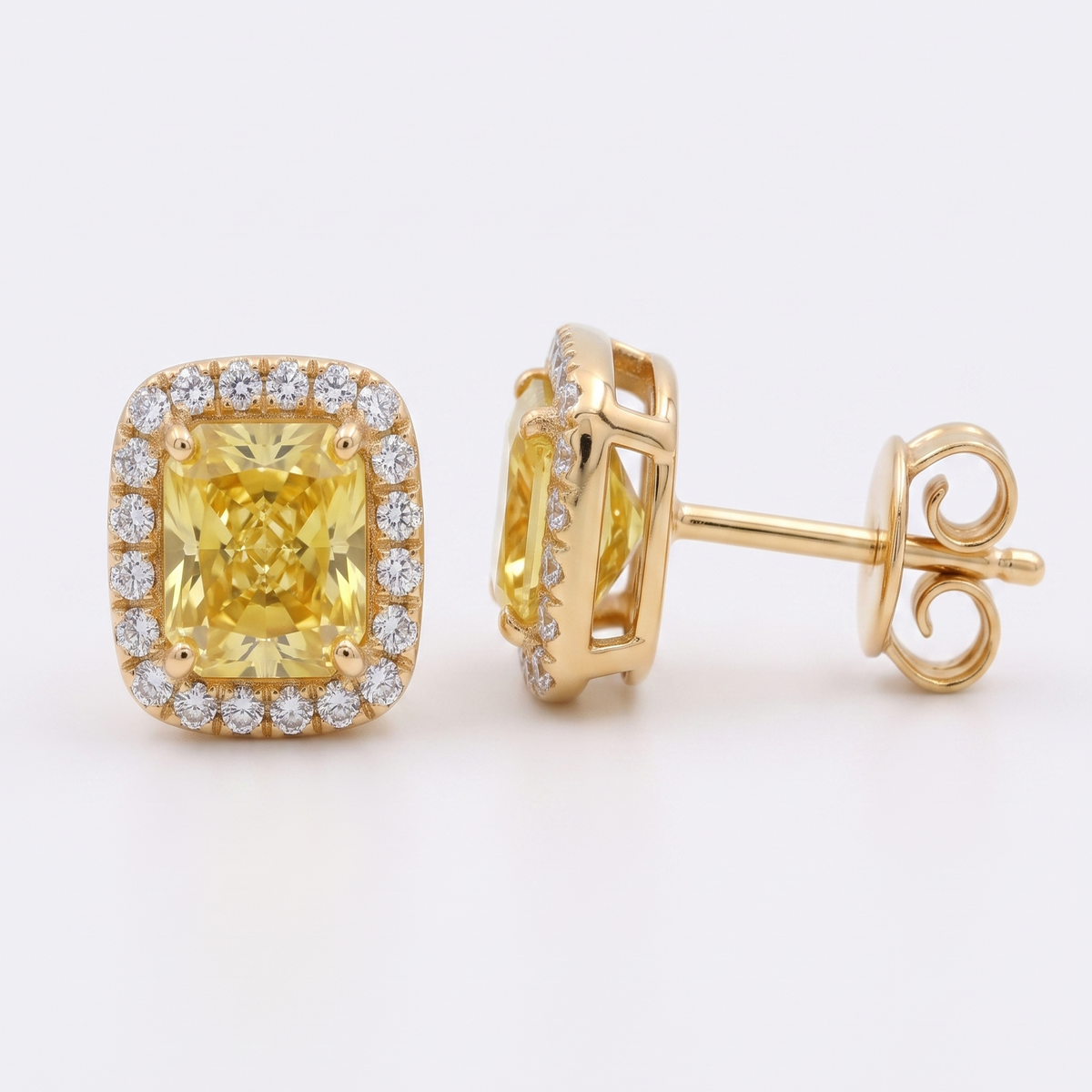 Radiant Cut Natural Fancy Yellow Diamond Halo Studs YG 2
