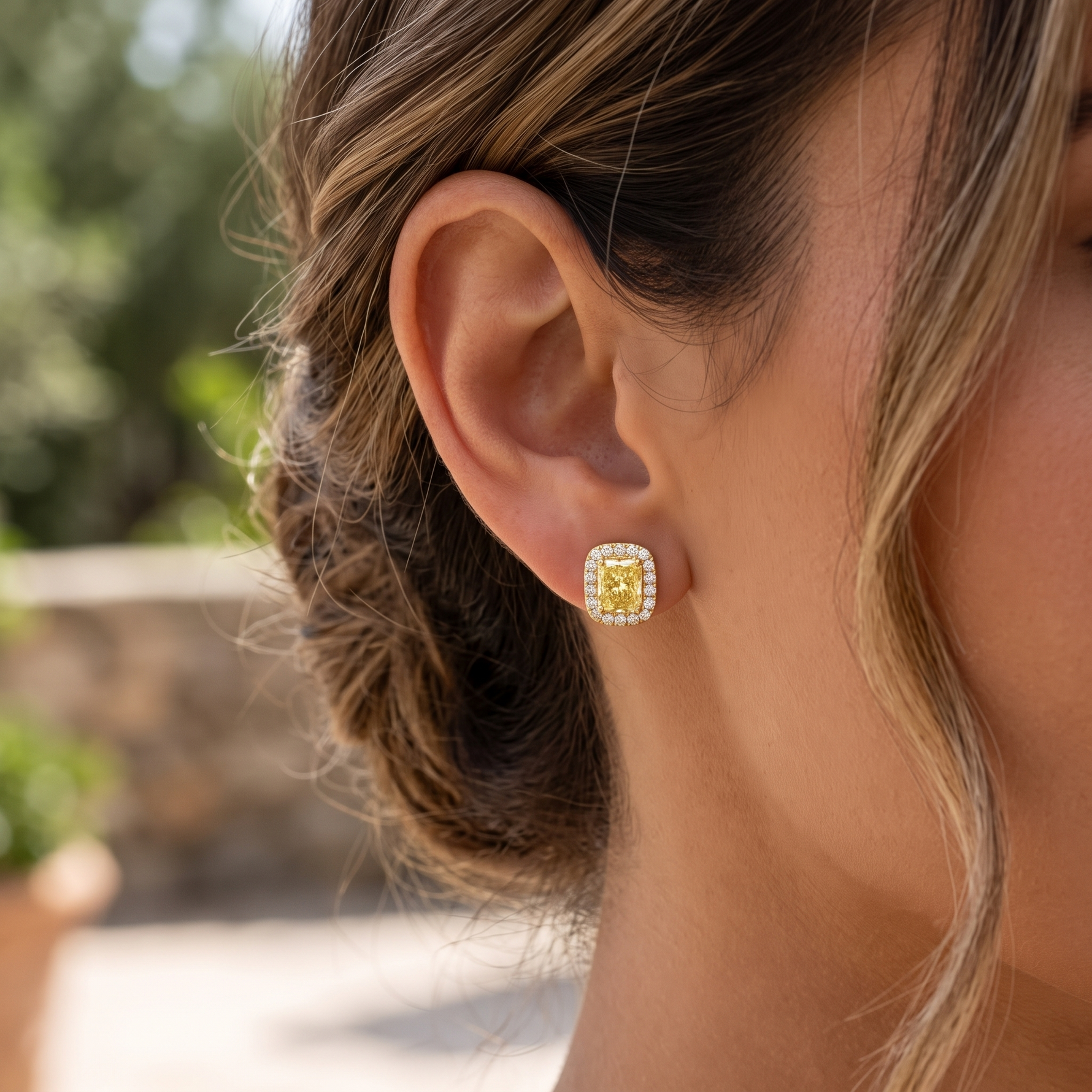 Radiant Cut Natural Fancy Yellow Diamond Halo Studs Lifestyle YG