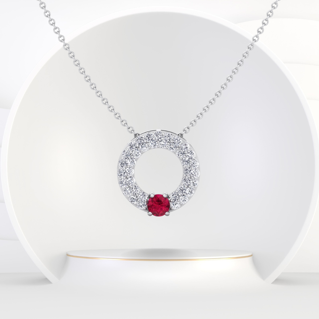 Round Shape Natural Diamond & Red Ruby Open Circle Pendant-1.25CT-14K-18K