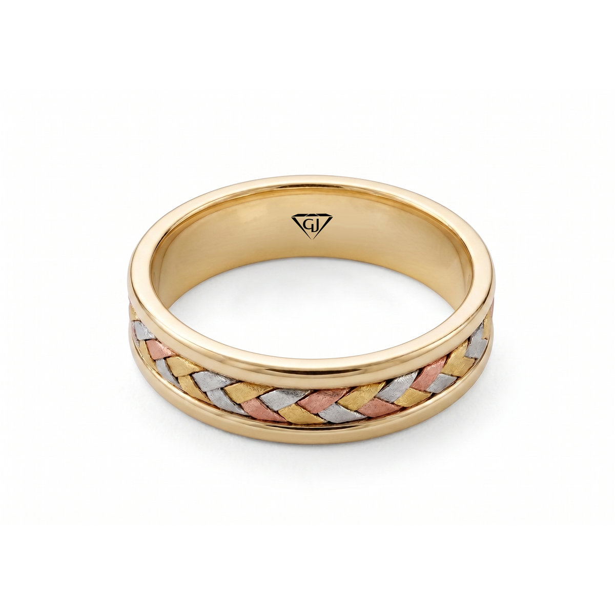 Tri-color Woven Braided Men's Solid Gold Band YG 2