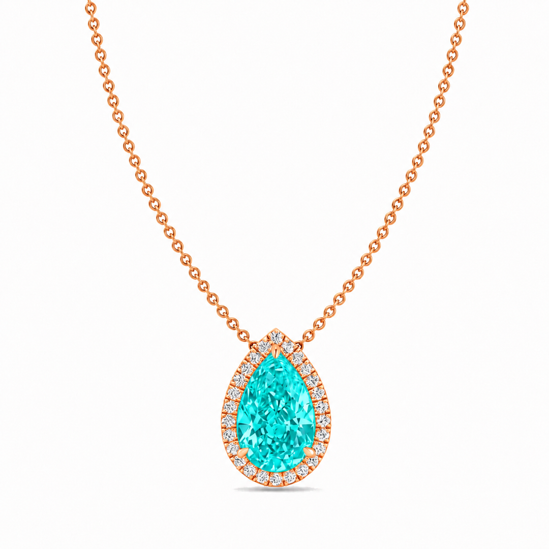 Pear Shape Halo Natural Paraiba Tourmaline Pendant Rose Gold 18K