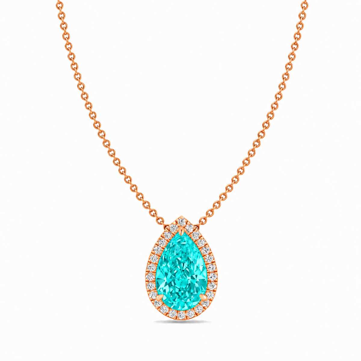 Pear Shape Halo Natural Paraiba Tourmaline Pendant Rose Gold 18K
