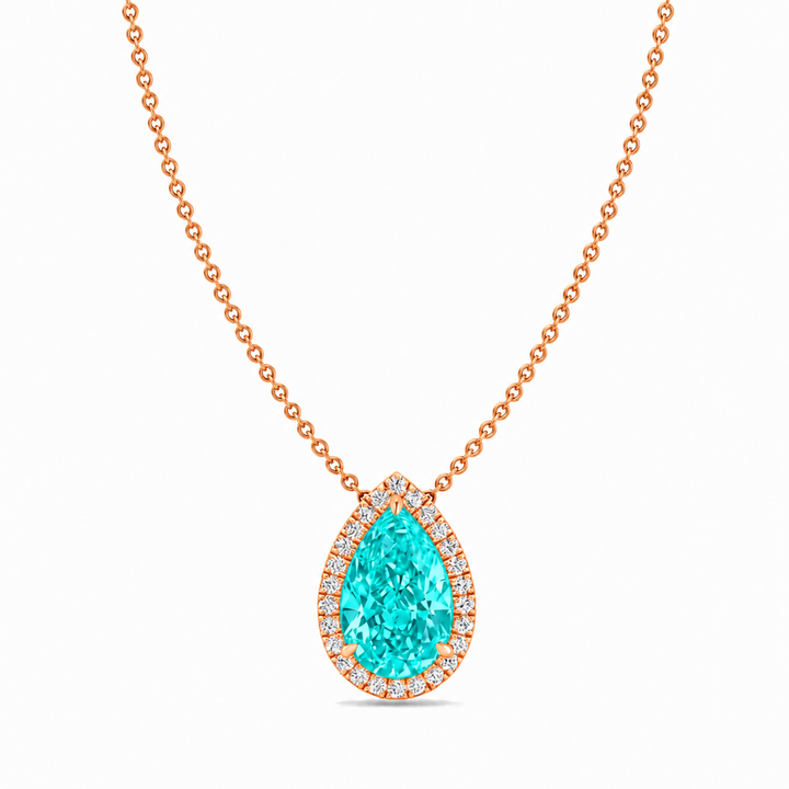Pear Shape Halo Natural Paraiba Tourmaline Pendant Rose Gold 18K
