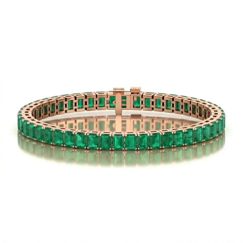 15CT Emerald Cut Natural Green Emerald Tennis Bracelet Rose Gold  14k