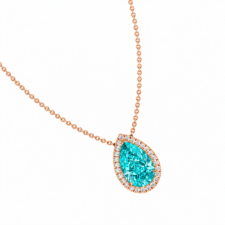Pear Shape Halo Natural Paraiba Tourmaline Pendant Rose Gold 14K