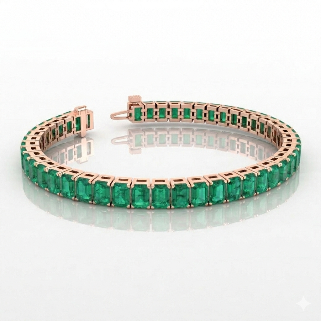 15CT Emerald Cut Natural Green Emerald Tennis Bracelet Rose Gold 