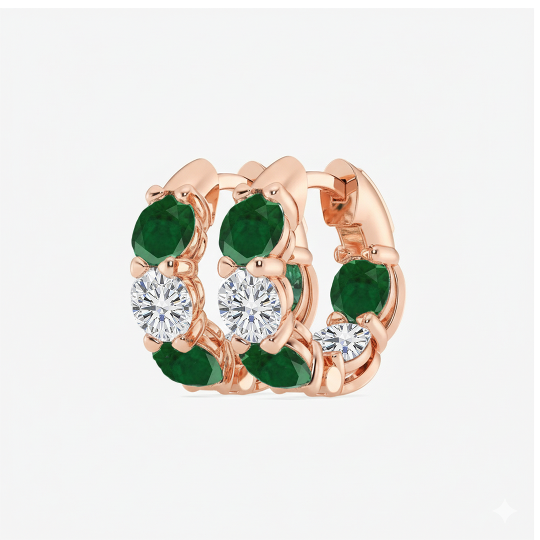 Rose Gold Round Green Emerald Natural Diamond Earrings side view