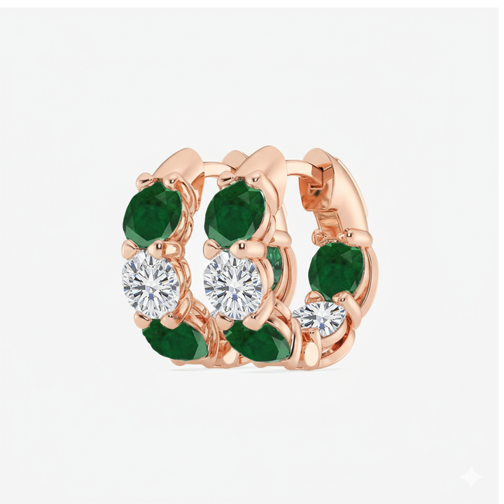 Rose Gold Round Green Emerald Natural Diamond Earrings side view